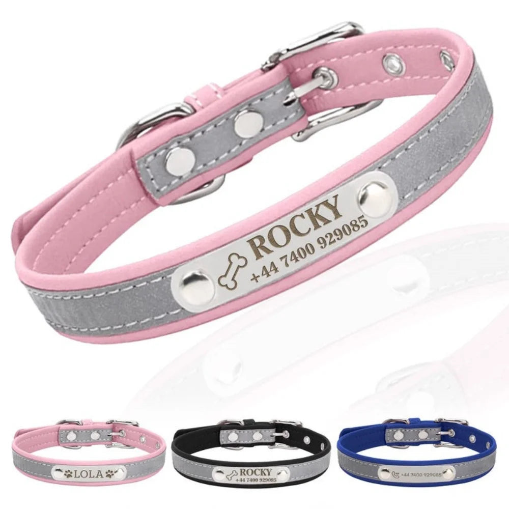 Dog Collar PU Leather Engraved - Customized with Name, Unique