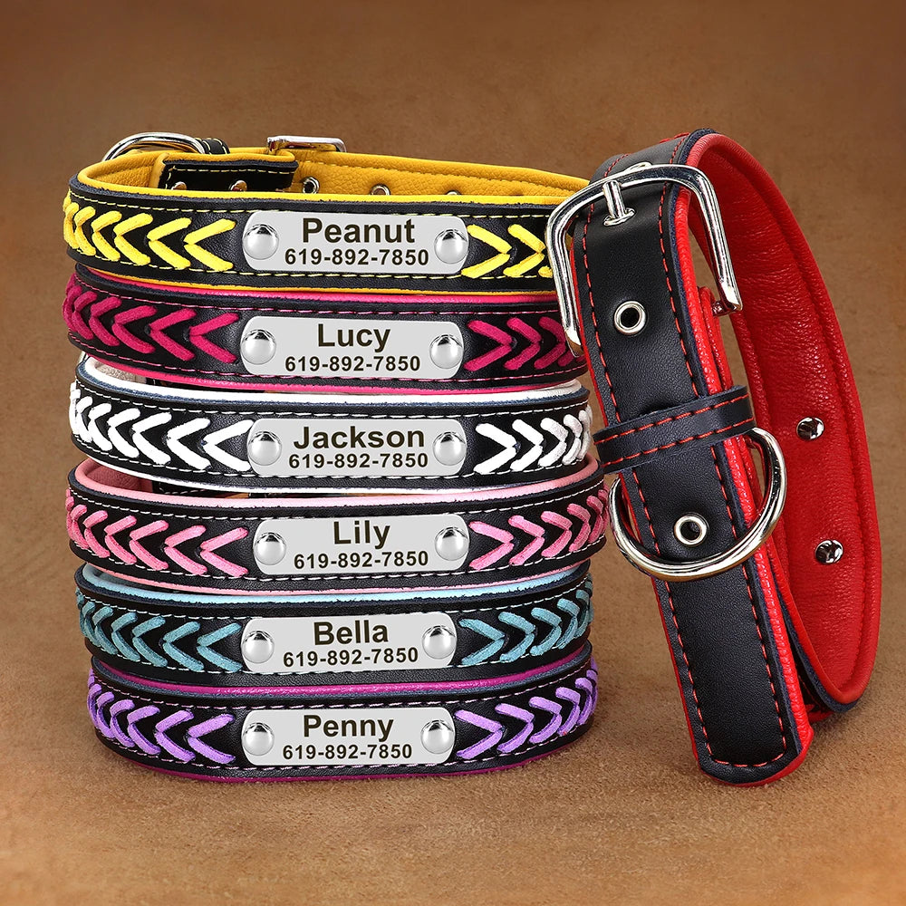 Personalized PU Leather Dog Collar Padded Puppy Pet Necklace