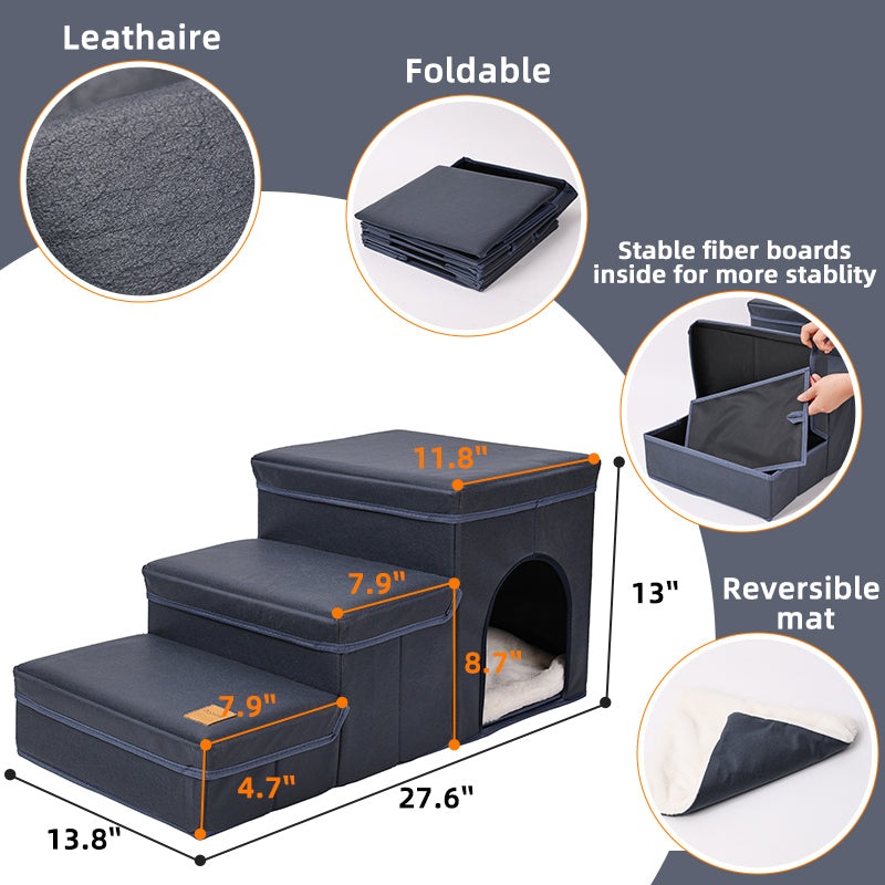 Foldable Dog Stairs With Storage - 3-Level Small To Medium