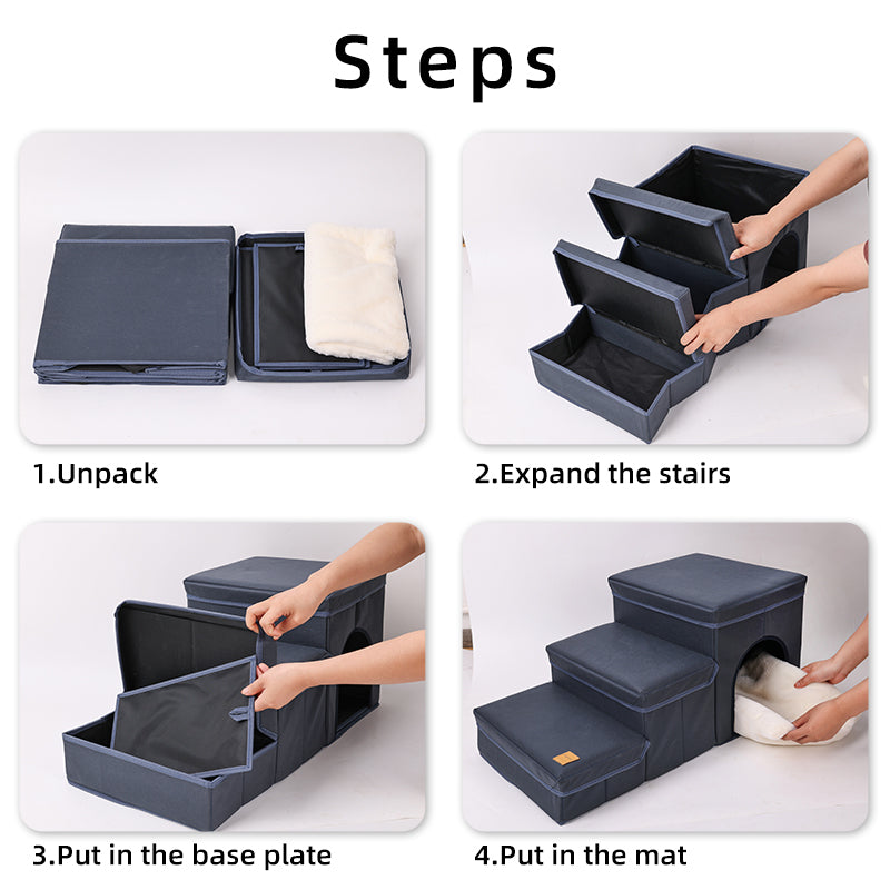 Foldable Dog Stairs With Storage - 3-Level Small To Medium