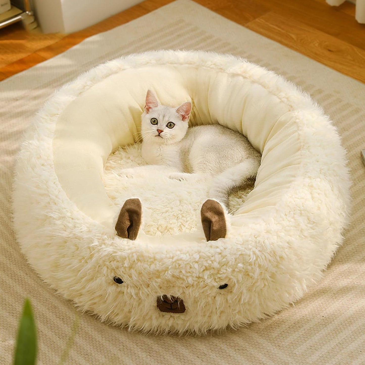 Cut Alpaca Pet Bed Calming Dog Bed Nest White