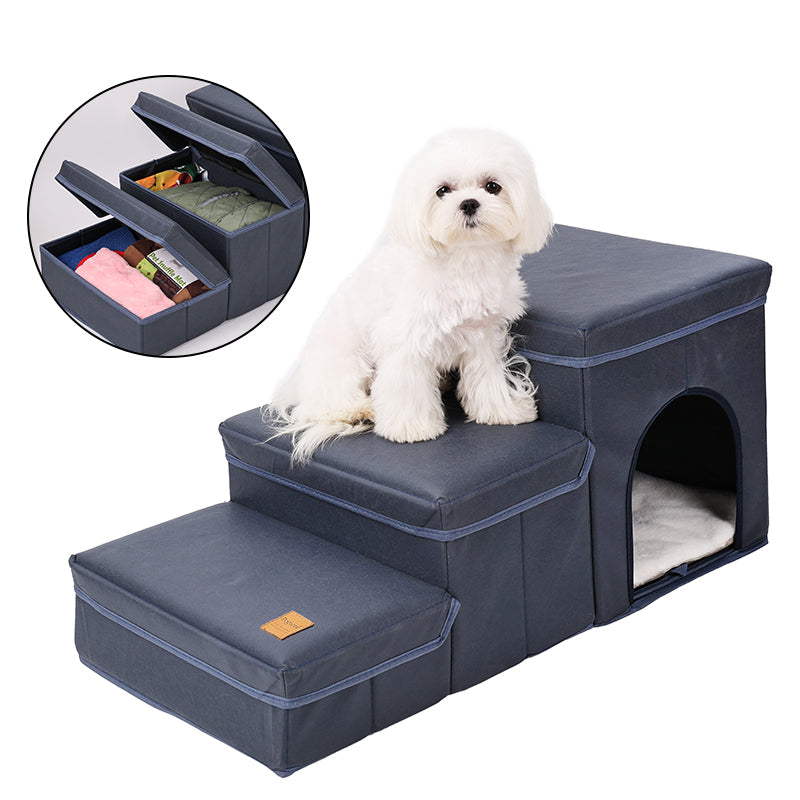 Foldable Dog Stairs With Storage - 3-Level Small To Medium