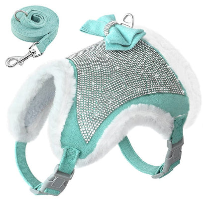 Plush Rhinestone Dog Harness and Leash Set