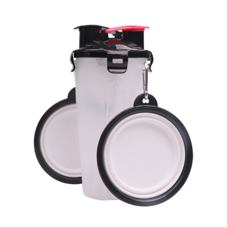 2 in 1 Travel Dog Food & Water Bottle With Two Collapsible Bowls