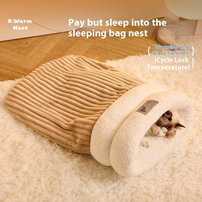Pet Sleeping Bag Winter Warm Soft Plush Semi Enclosed Cat Nest
