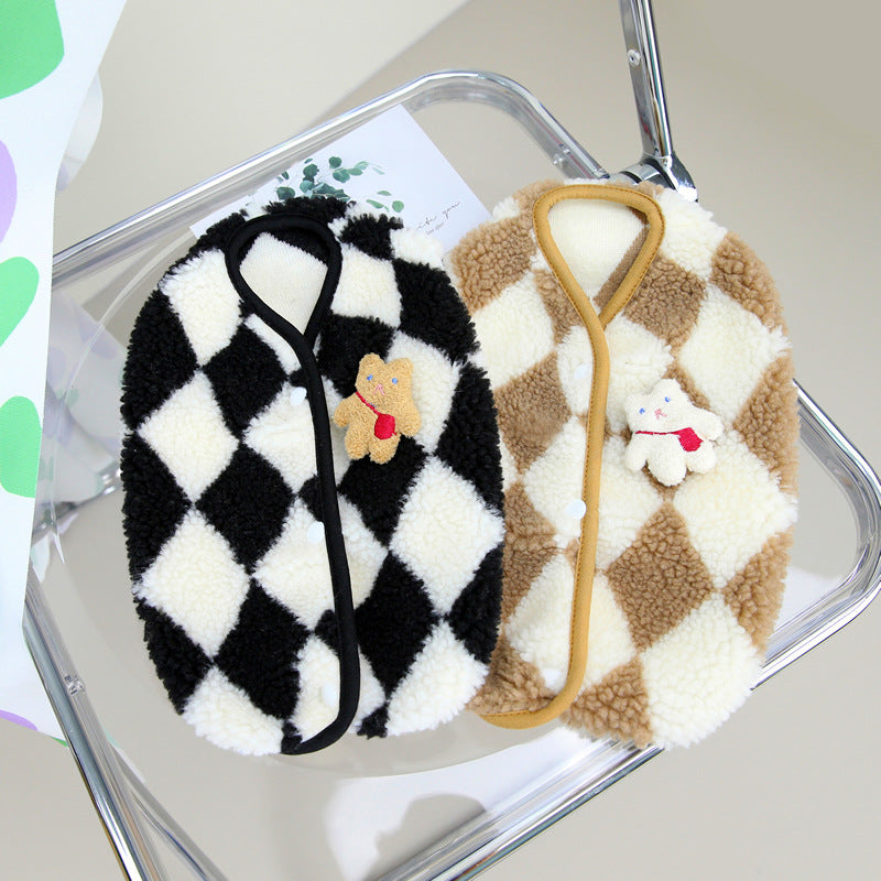 Pet Checkerboard Vest Cat Dog Plush Autumn Winter Jacket