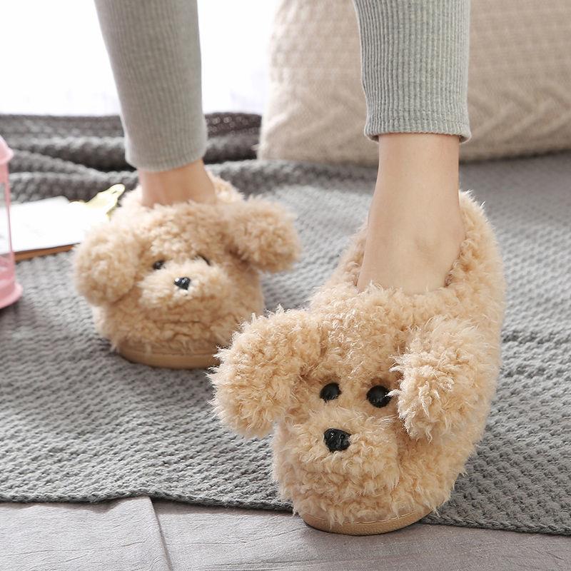 Comwarm Cute Dog Short Plush Slippers For Women Cozy Slippers