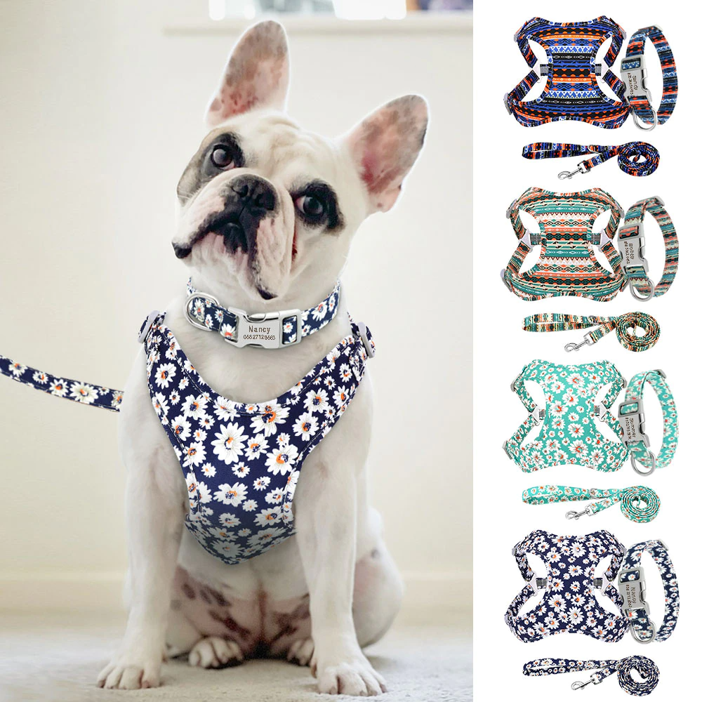 Nylon Printed Dog Collar Leash Harness Set Personalized Dog ID Tag
