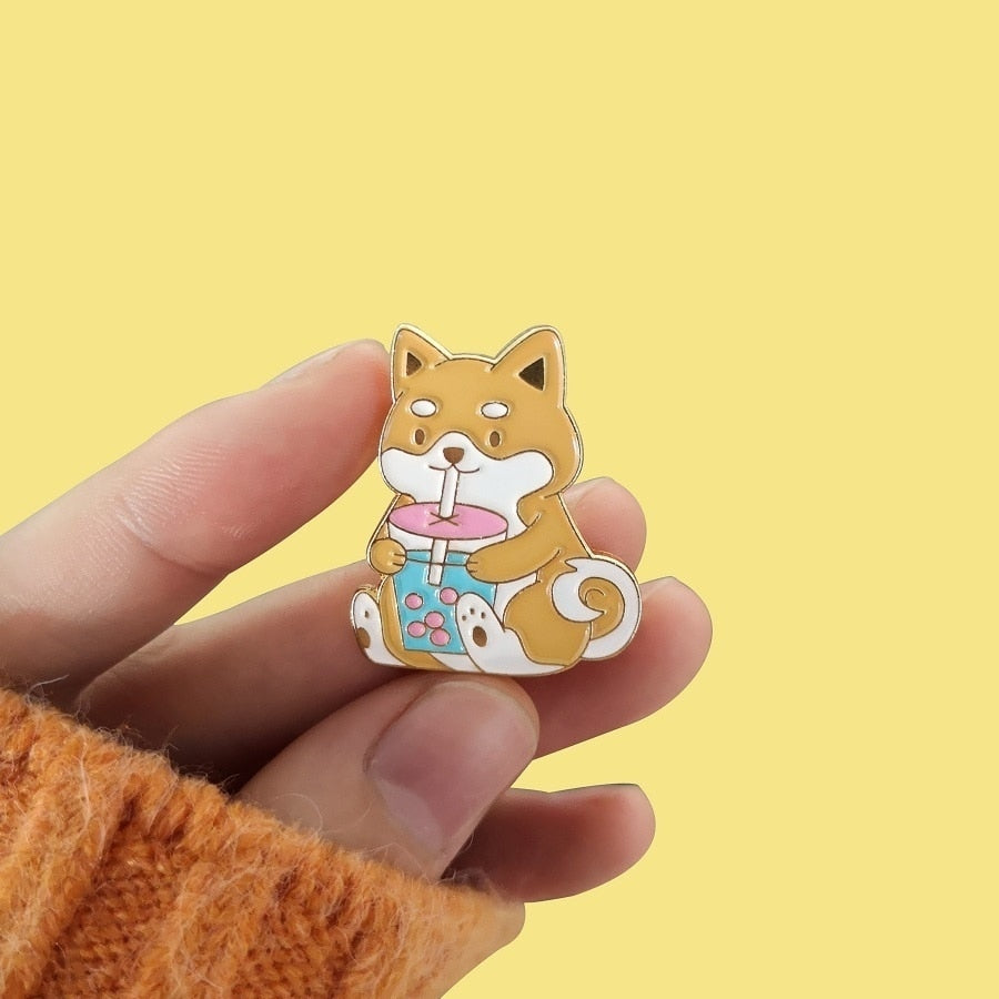 Bubble Tea Dog Enamel Pins Cartoon