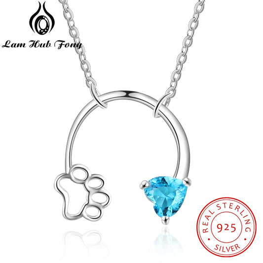 Silver Dog Footprints Paw Necklaces with Heart Birthstone