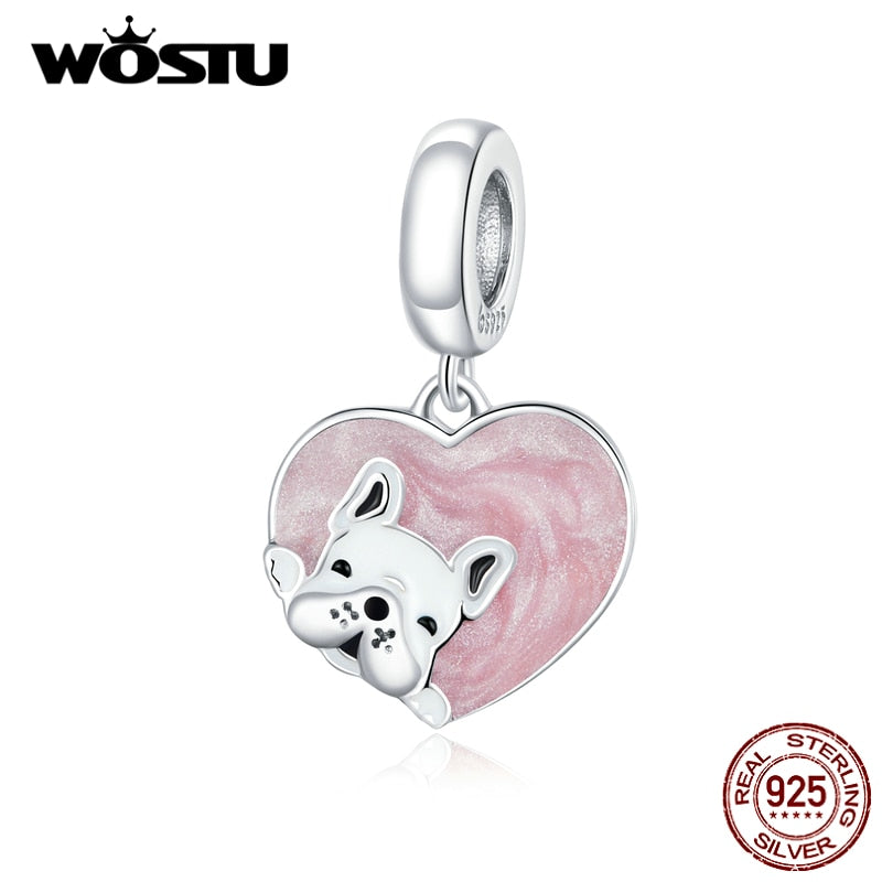 Pink Heart Dog Charm 925 Silver