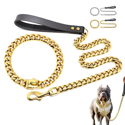 Gold Chain Collar Leash Pet Training