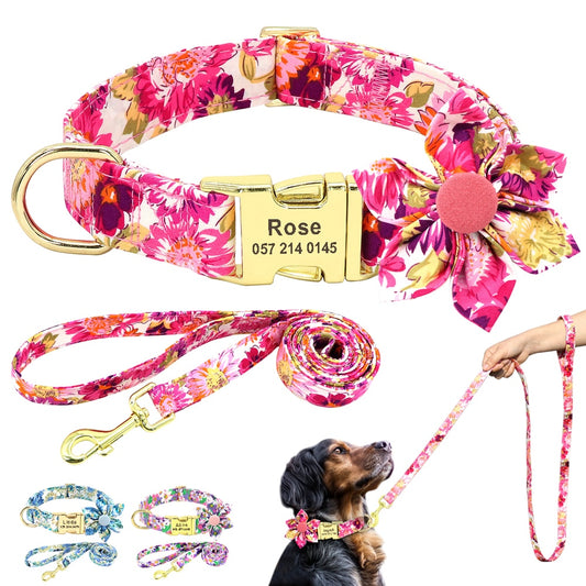 Dogs ID Collars Pet Lead Belt Rope Flower
