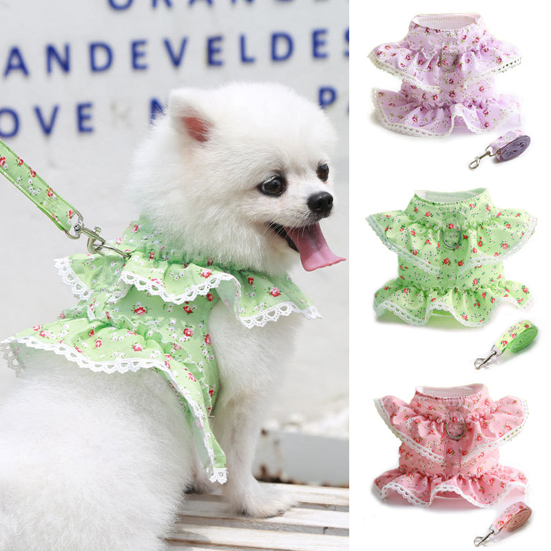 Lace Dog Harness Leash Set Adjustable Floral Printed