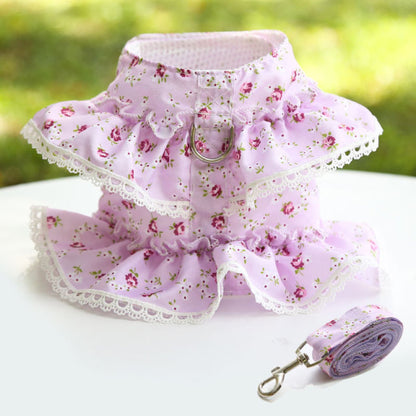 Lace Dog Harness Leash Set Adjustable Floral Printed