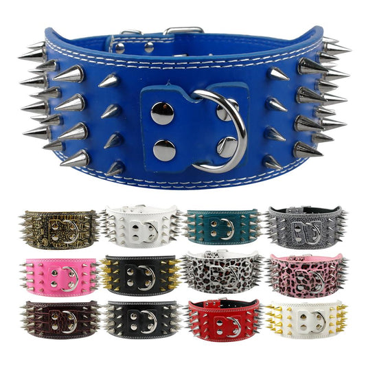 Wide Spikes Studded Leather Dog Collar