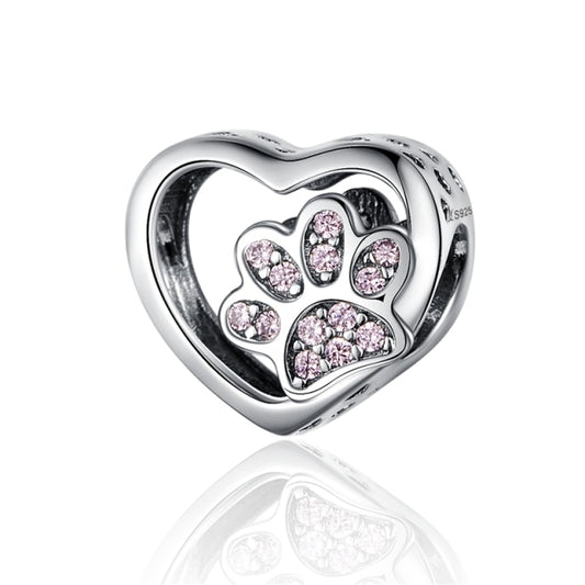 Dog Charm 925 Sterling Silver Paw Print Heart Charm