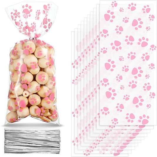 Pink Pet Paw Print Cone Cellophane Bags