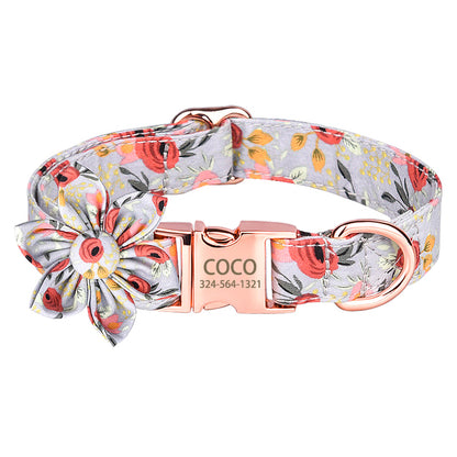 Custom Engraved Name Print Flower Dog Collar