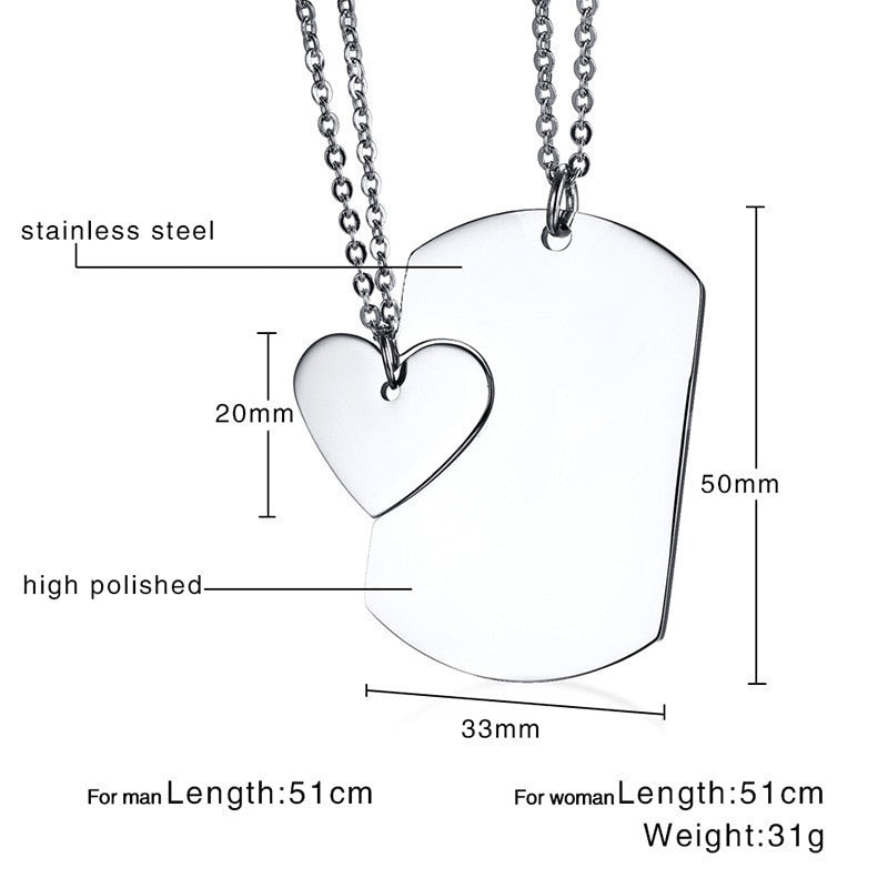 Couple Necklace ID Dog Tag Heart