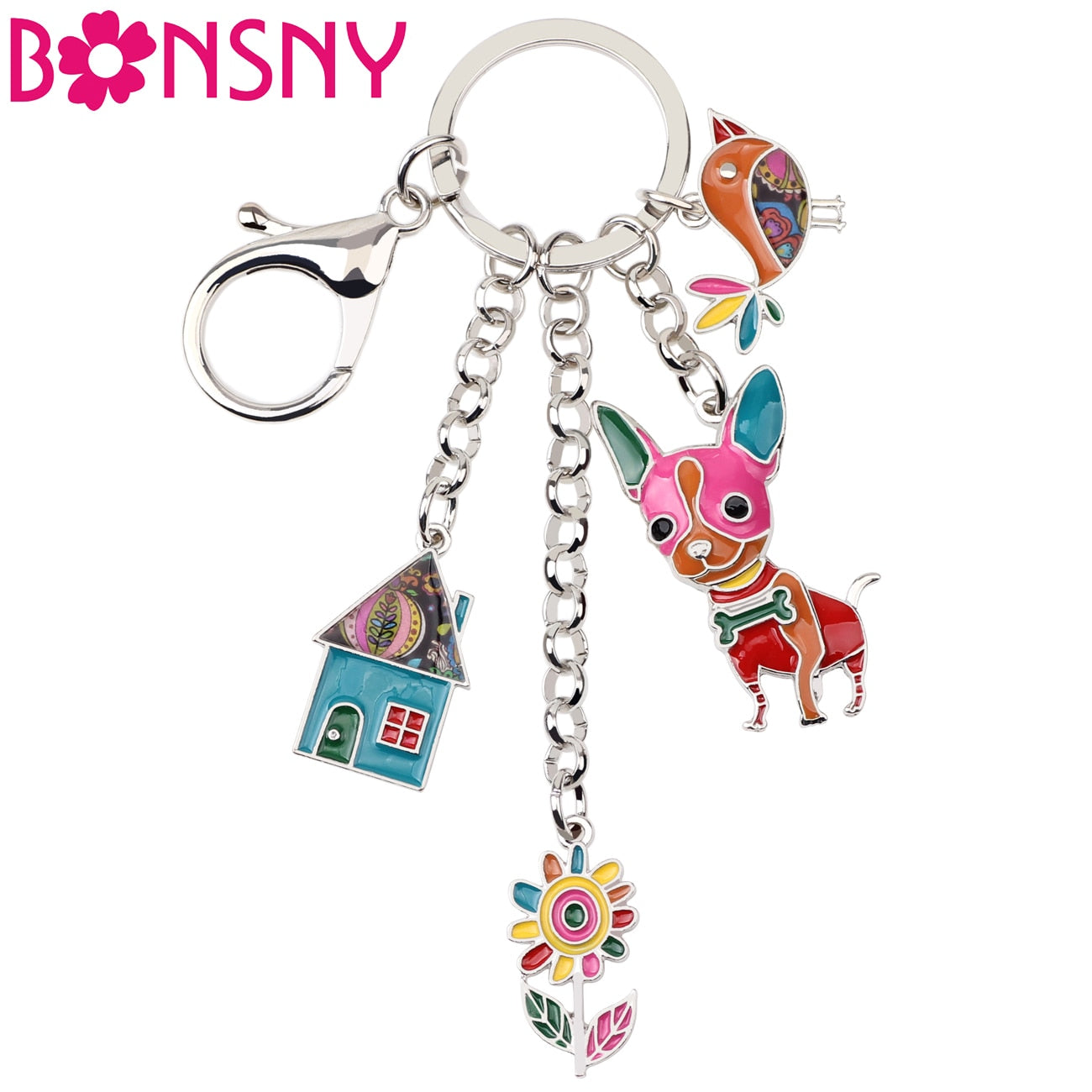 Enamel Metal Dog Bird Flower Key Chain